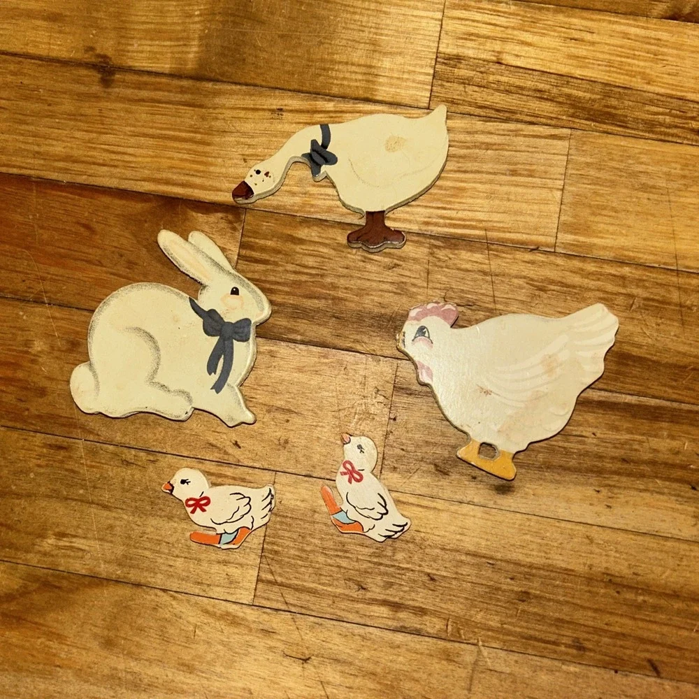 Vintage Wooden Farm Animal Fridge Magnet Lot Rabbit, Chicken, Duck D3